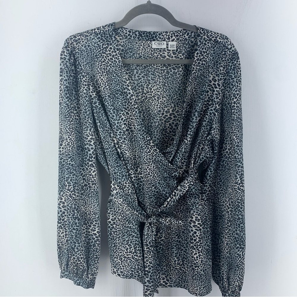 Cato Women 18 20W Shirt‎ Blouse Top Faux Wrap Tie Belted Multicolor Artsy Slinky